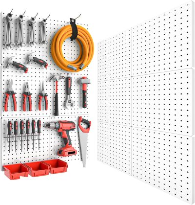 Peg Board, 6PCS Metal Pegboard, Heavy Duty pegboard Wall Organizer with Frame. White pegboard for Walls, Garage, Workbench, Craft Room Tool Organization, Metal peg Board Panels 12in*12in
