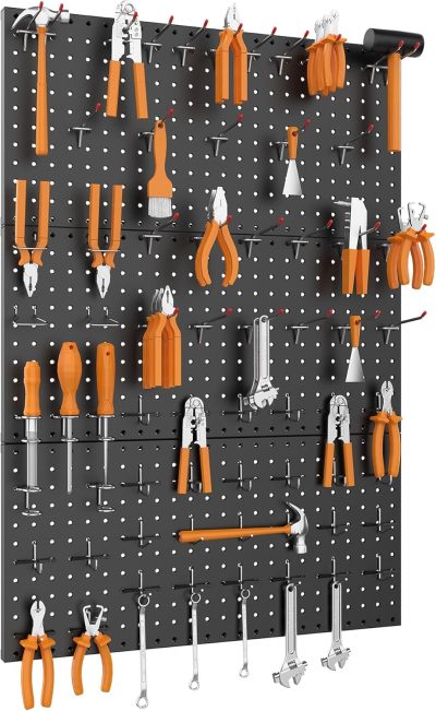 96PCS Metal Pegboard Kit with Pegboard Hooks for Wall Garage Tools Storage Pegboard System for Garage, Workbench, Peg Board Tool Organizer Board with Hooks(Black)