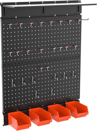 Garage Metal Pegboard with Accessories, Tools Organizer Peg Board with Pegboard Hooks, Bins, Tool Storage Pegboards for Wall(Black)