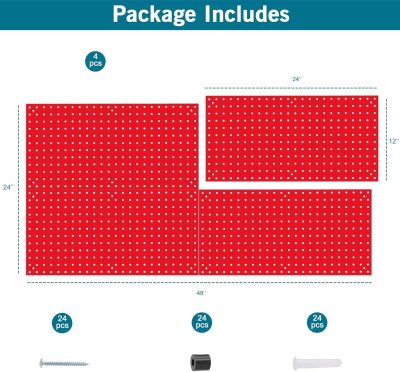 Peg Board,Pegboard Rack Garage Storage Steel Horizontal Peg Board Pack,Steel Pegboard Heavy Duty- 4 Pack 12-Inch X 24-Inch Metal Peg Board Tool Organization Panels (Red)