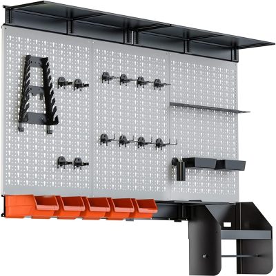 Pegboard Wall Organizer 4 ft. Garage Metal Pegboard Tool Organizer System, Tools Storage Peg Board Kit with Hooks and Accessories, Wall Mounted Storage Bins, Overhead Shelves