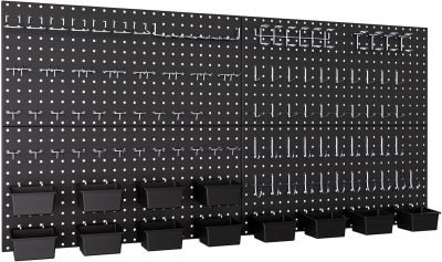 158PCS Metal Pegboard Wall Organizer, 48x24 Inch Black Pegboard Panels Tool Organizer Kit with Accessories Hooks and Bins, Peg Board Utility Tool Storage for Garage Workbench Shed
