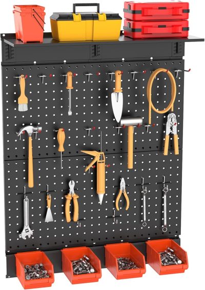 Garage Metal Pegboard with Accessories, Tools Organizer Peg Board with Pegboard Hooks, Bins, Tool Storage Pegboards for Wall(Black) - Image 2