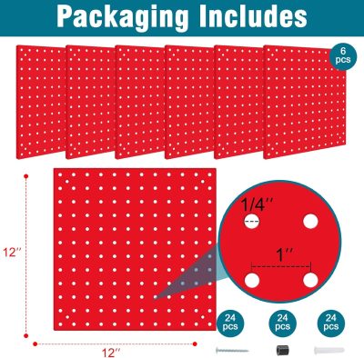 6 Pack Steel Peg Board,Universal 1/8 and 1/4 Pegboard Accessories,Ideal for Garage Tool Storage, Office Organization, Craft Room, Kitchen etc. (Red, 6-12X12) - Image 2