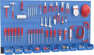 Pegboard Wall Organizer, Blue Metal Peg Board Panels, Garage Storage System with Hooks and Storage Bins, 59pcs