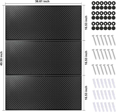 Peg Board, 3 Pack 16-Inch X 36-Inch Heavy Duty Steel Pegboard,Heavy Duty Black Pegboard for Walls, Garage, Workbench, Craft Room Tool Organization, Metal Pegboard Panels(Black)